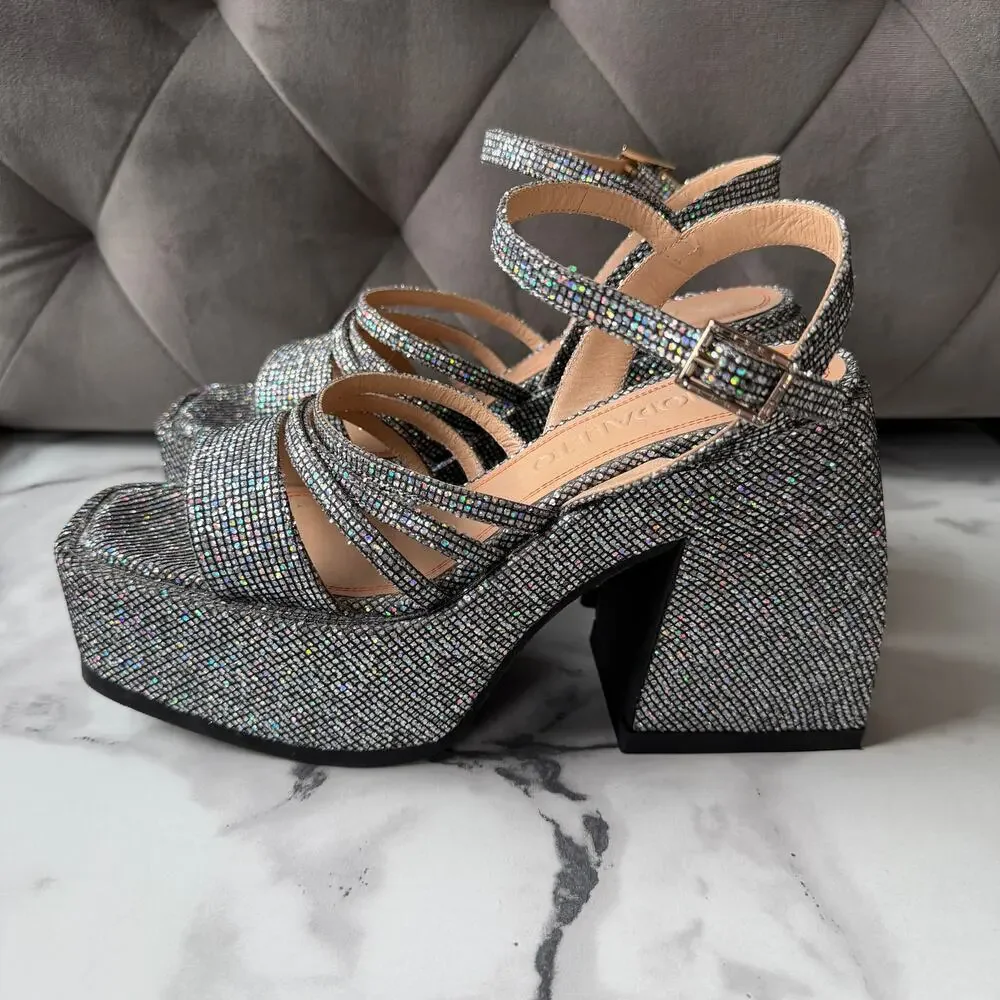 Nodaleto Bulla Chibi Silver Glitter Platform Sandals Size EU 38